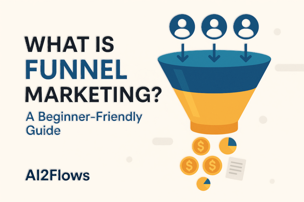 A 2D digital illustration of a marketing funnel showing users entering the funnel and money symbols coming out, with the title "What Is Funnel Marketing? A Beginner-Friendly Guide" and company name "AI2Flows" displayed.